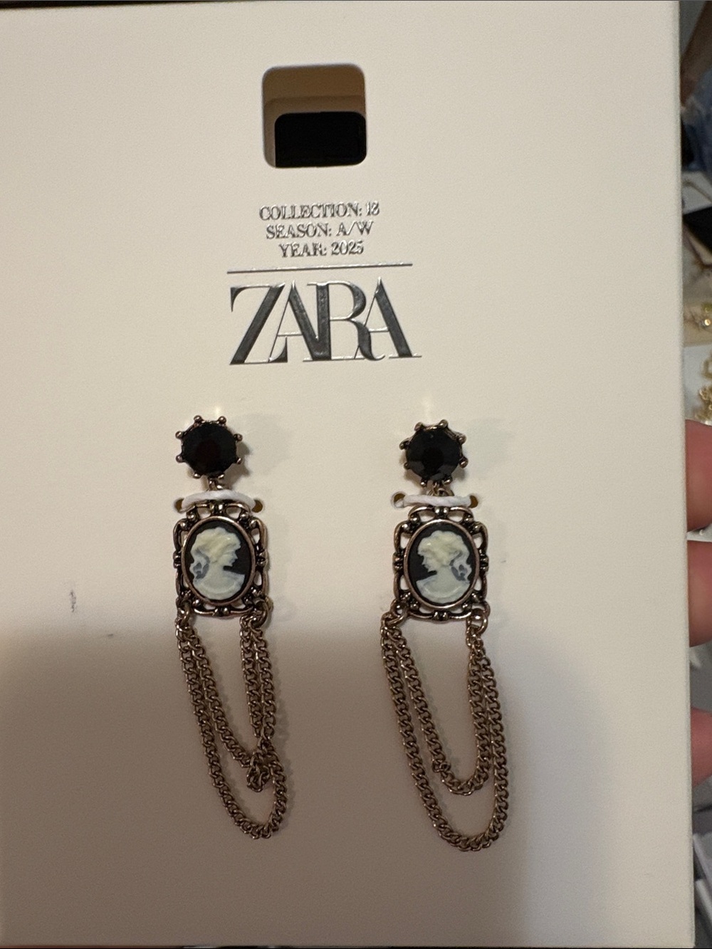 ZARA Black and White Cameo Drop Chain Earrings